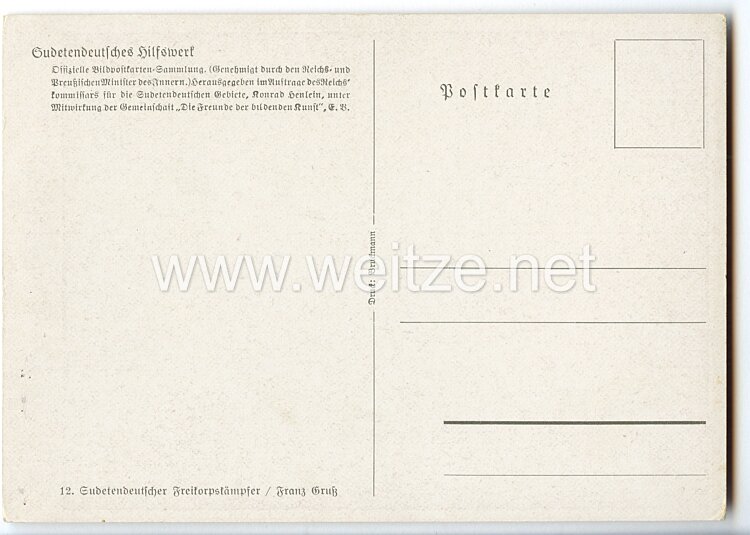 III. Reich - farbige Propaganda-Postkarte - " Sudetendeutscher Freikorpskämpfer " Bild 2