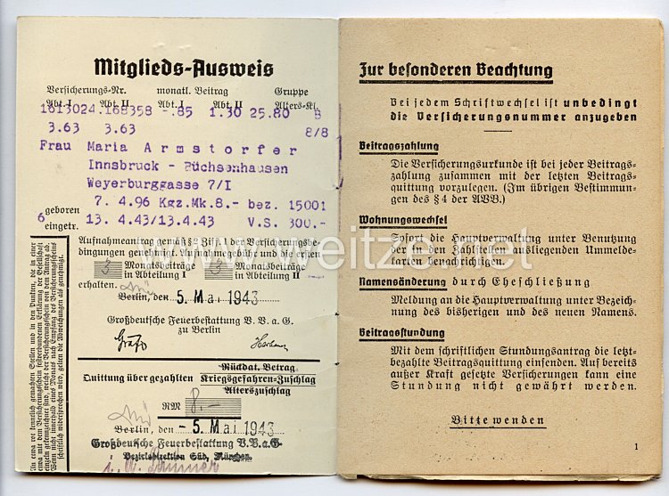 III. Reich - Großdeutsche Feuerbestattung - Versicherungsverein auf Gegenseitigkeit - Mitgliedsausweis Bild 2