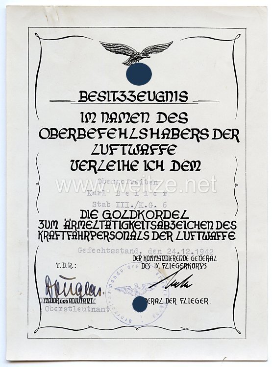 Luftwaffe - Urkundengruppe für einen späteren Unteroffizier im Stabsschwarm III./Lehrgeschwader 1 Bild 2