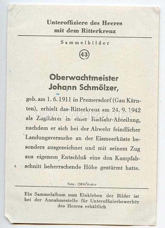 Heer - Originalunterschrift von Ritterkreuzträger Oberwachtmeister Johann Schmölzer Bild 2