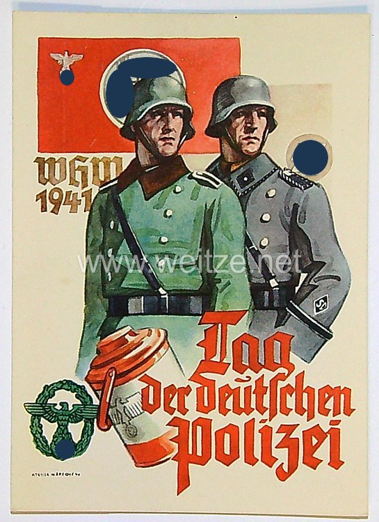 SS - 4 farbige Propaganda-Postkarten - "Tag der deutschen Polizei" mit originalen Umschlag Bild 2
