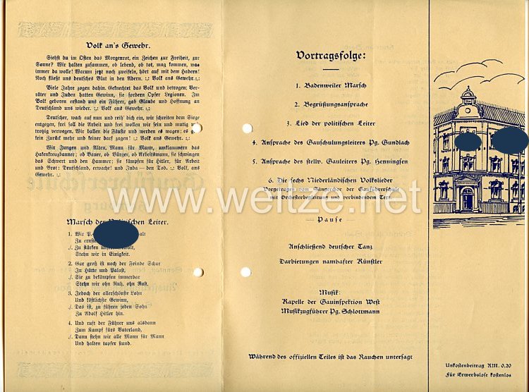 III. Reich - Festfolge für die Feier des einjährigen Bestehens der Gauführerschule Hamburg am 4.11.1934 Bild 2