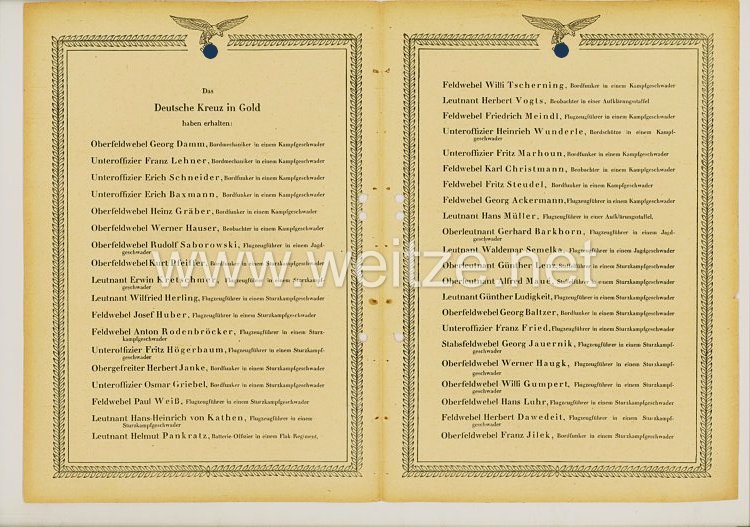 Ehrenliste der Deutschen Luftwaffe - Ausgabe vom 07.September 1942 Verleihungen DK in Gold Bild 2