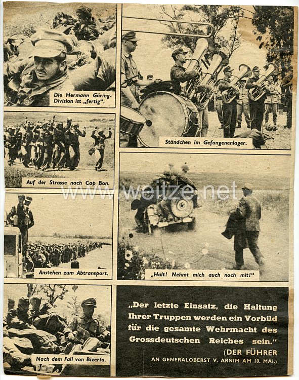2. Weltkrieg Propagandaflugblatt - " Tunis, 8. Mai. Den einrollenden britischen Geschützen strömen Tausende von deutschen und italienischen Gefangenen entgegen " Bild 2