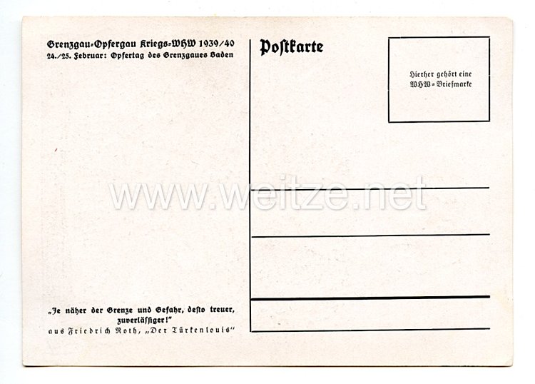 III. Reich - farbige Propaganda-Postkarte - " Grenzgau-Opfergau Kriegs-WHW 1939/40 - 24. / 25. Opfertag des Grenzgaues Baden " Bild 2