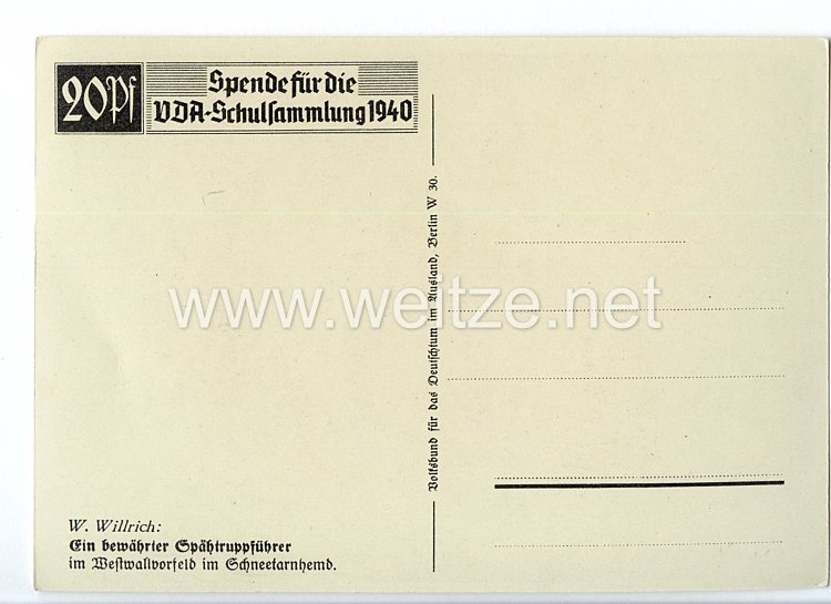 Heer - Willrich farbige Propaganda-Postkarte - " Ein bewährter Spähtruppführer im Westwallvorfeld im Schneetarnhemd " Bild 2