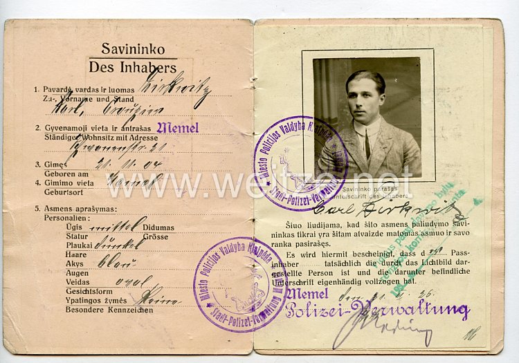Weimarer Republik - Memelgebiet Personalausweis der Stadt " Memel " für eine Mann des Jahrgangs 1904 Bild 2