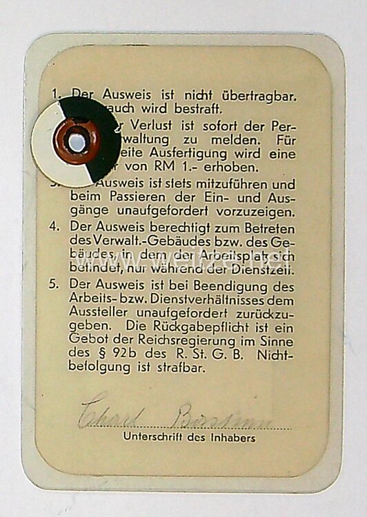 III. Reich - Werk-Ausweis Olympia Büromaschinenwerke AG.Erfurt  Bild 2