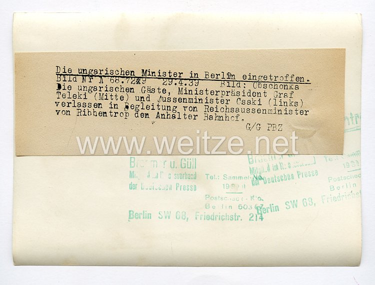 III. Reich Pressefoto. Die ungarischen Minister in Berlin eingetroffen. 29.04.1939. Bild 2
