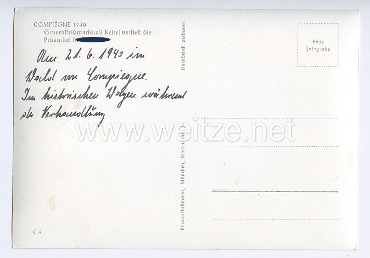 III. Reich - Propaganda-Postkarte - " Adolf Hitler - Compiègne 1940 - Generaloberst Keitel verliest die Präambel des Führers " Bild 2