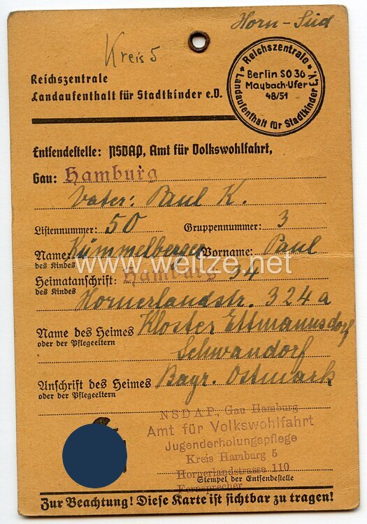 III. Reich - Dokumentengruppe für einen Jungen des Jahrgangs 1927 aus Hamburg Bild 2