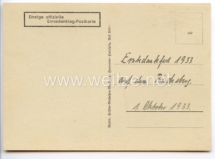 III. Reich - Propaganda-Postkarte - " Deutscher Erntedanktag " Bild 2