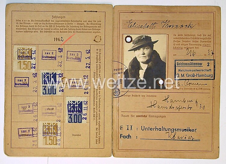 Reichsmusikkammer - Vorläufiger Ausweis zur Mitgliedschaft Bild 2