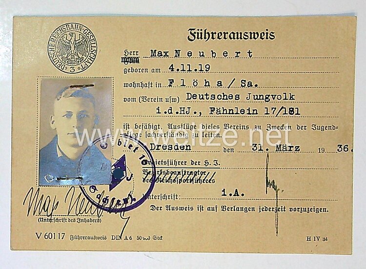 III. Reich - Deutsche Reichsbahn - Führerausweis diverse Dokumente für einen Führer im Jungvolk Fähnlein 17/181  Bild 2