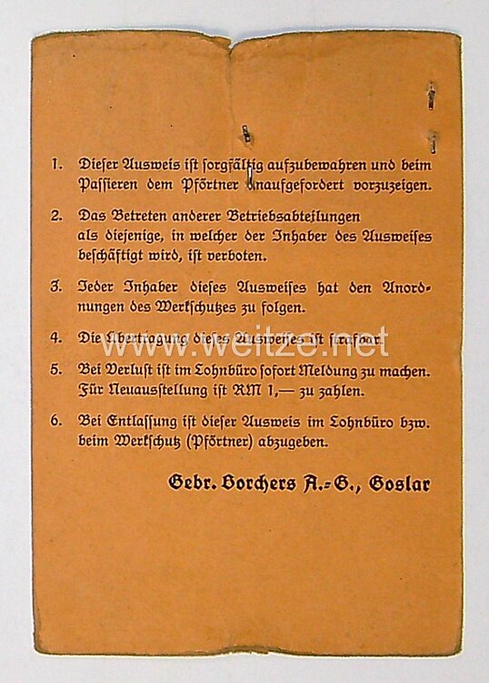 III. Reich - Ausweis Gebrüder Borchers A-G Goslar am Harz  Bild 2