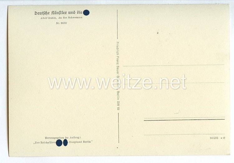 SS - Propaganda-Postkarte - " Deutsche Künstler und die SS - Adolf Dahle, An der Schwemme " Bild 2