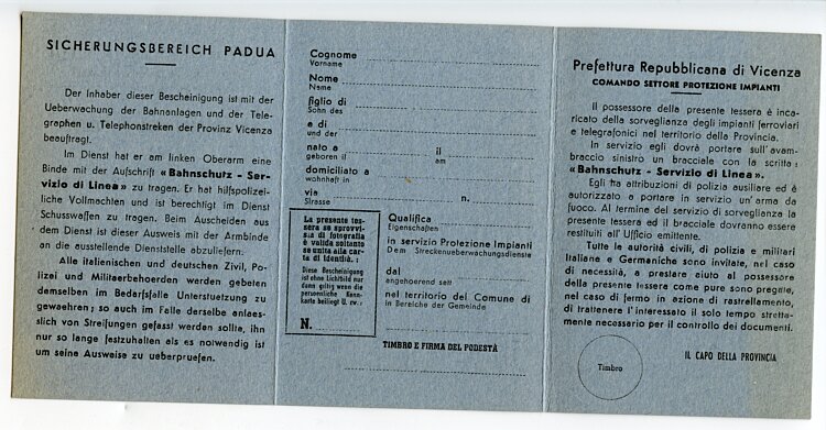 III. Reich - Sicherungsbereich Padua ( Italien ) - Ausweis/Bescheinigung Bild 2