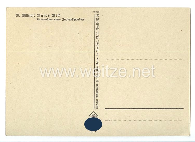 Luftwaffe - Willrich farbige Propaganda-Postkarte - Ritterkreuzträger Major Helmut Wick Bild 2