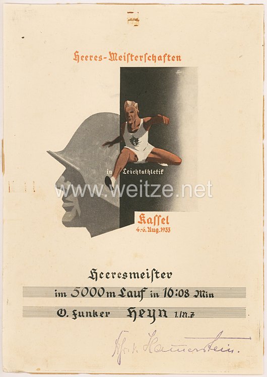 Heeres-Meisterschaften in Leichtathletik in Kassel vom 4.-6.8.1933 - nichttragbare Siegermedaille mit Urkunde Bild 2
