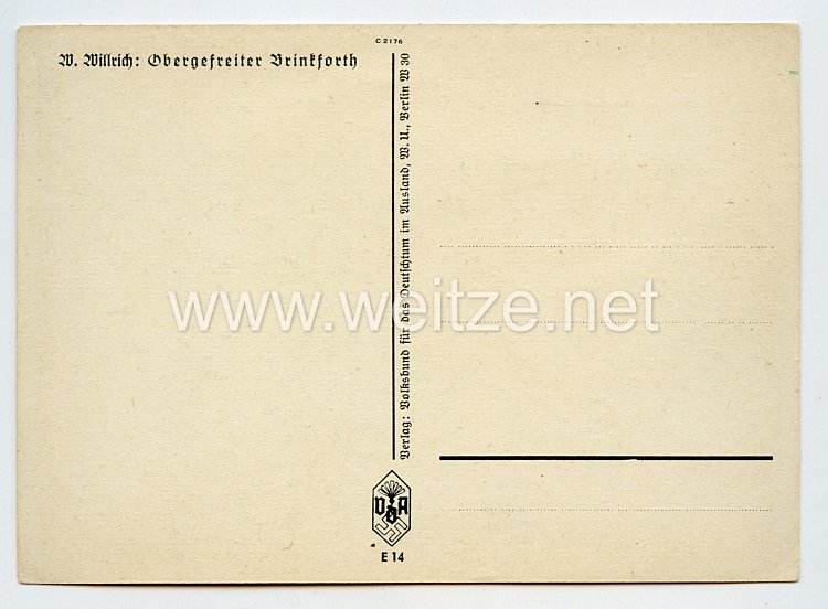 Heer - Willrich farbige Propaganda-Postkarte - Ritterkreuzträger Obergefreiter Hubert Brinkforth Bild 2