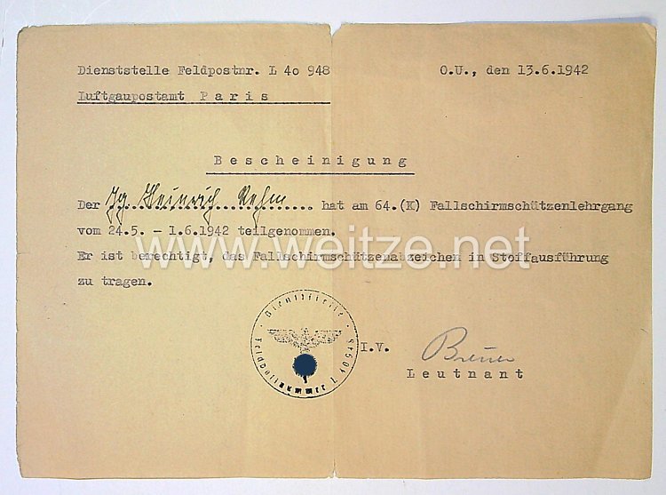 Luftwaffe - Urkunden und Dokumente, Jäger vom Fallschirmjäger Regiment 1 /  Fallschirmschützenabzeichen in Stoffausführung! Bild 2
