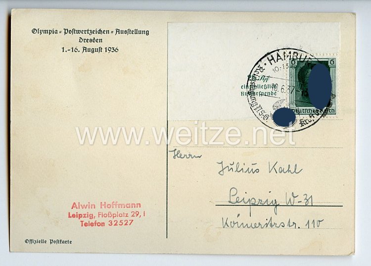 III. Reich - farbige Propaganda-Postkarte - " Olympia-Postwertzeichen- Ausstellung Dresden 1.-16. August 1936 - Deutsche Musik " Bild 2