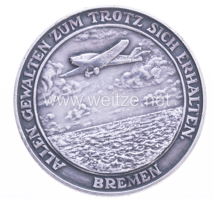 Silberne Erinnerungsmedaille an den Transatlantikflug der Bremen 13. April 1928 - von Hünefeld - Hermann Köhl - Allen Gewalten zum Trotz sich erhalten  Bild 2