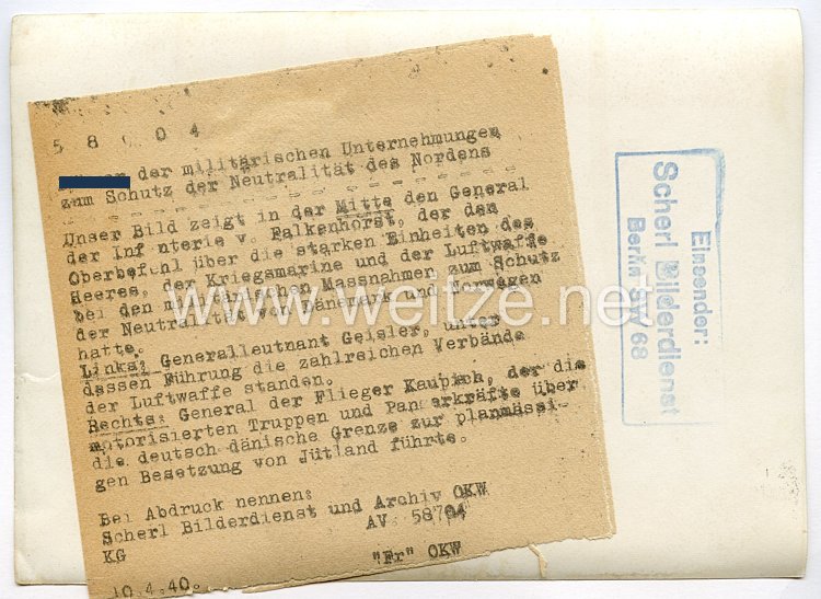 Wehrmacht Heer Pressefoto: Führer der militärischen Unternehmungen zum Schutz der Neutralität des Nordens 10.4.1940 Bild 2