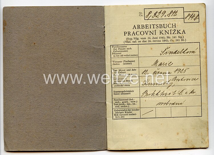 III. Reich - Protektorat Böhmen und Mähren - Arbeitsbuch für eine Frau des Jahrgangs 1925 Bild 2