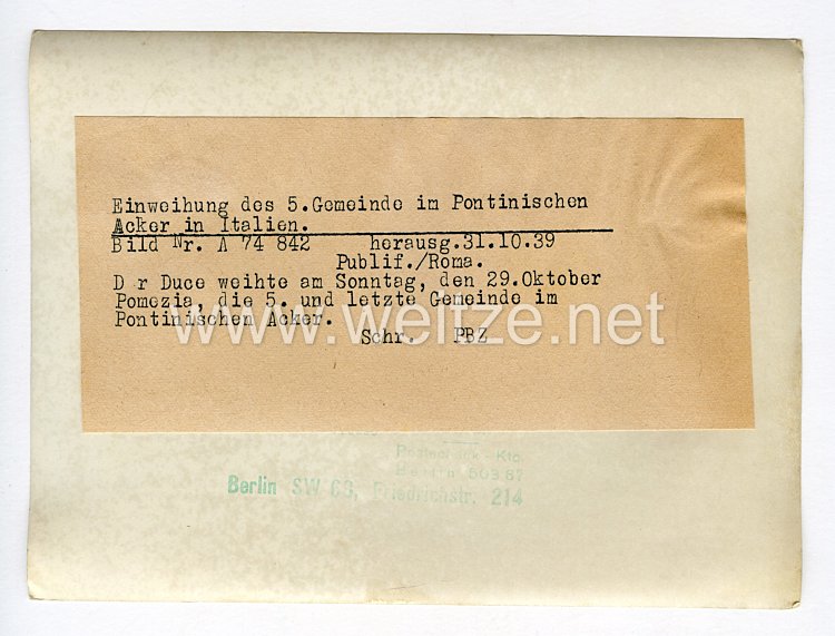 III. Reich Pressefoto. Einweihung der 5. Gemeinde im Pontinischen Acker in Italien. 31.10.1939.   Bild 2