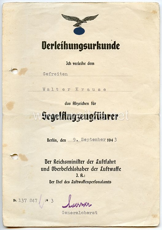 Luftwaffe - Verleihungsurkunde für das Abzeichen für Segelflugzeugführer mit weiteren Dokumenten Bild 2