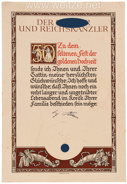 III. Reich - Dokumentengruppe zur " Goldenen Hochzeit " eines Ehepaares in Monakam Bild 2