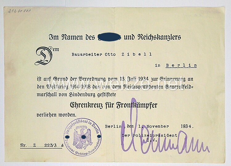 Ehrenkreuz für Frontkämpfer 1914-18 mit Urkunde Bild 2